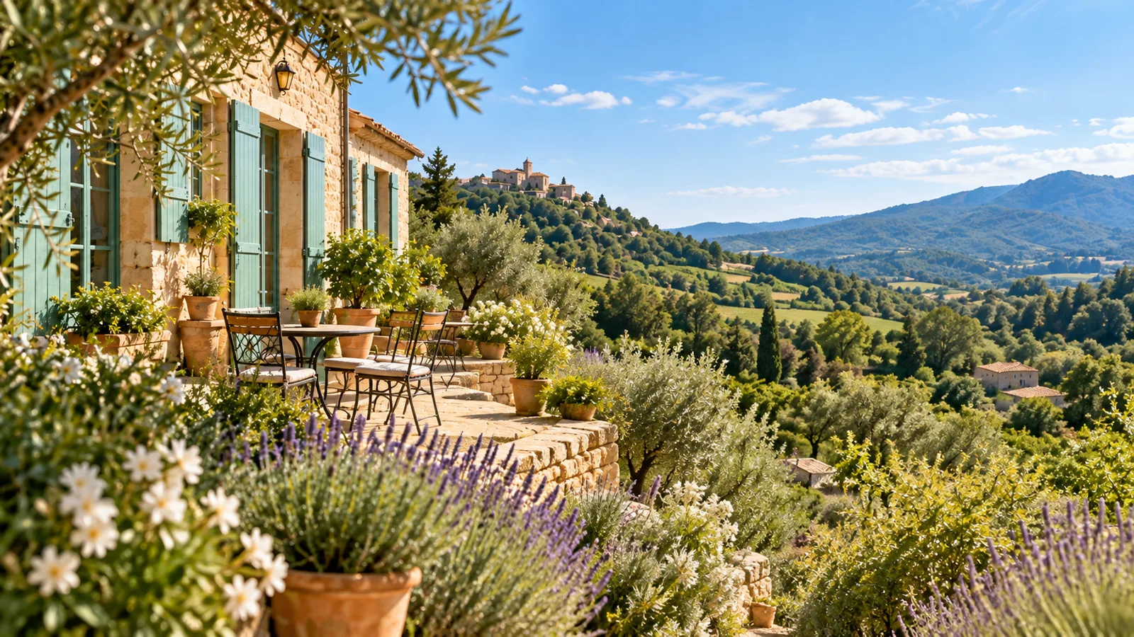 Maison de vacances en pierre, jardin et paysage d’Occitanie