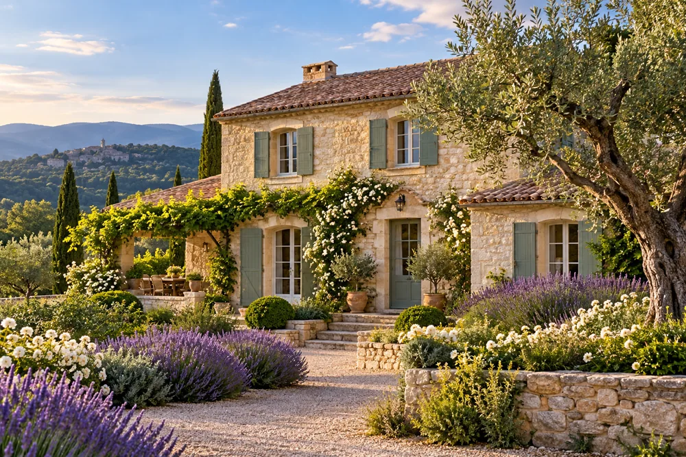Maison en pierre et jardin fleuri en Occitanie