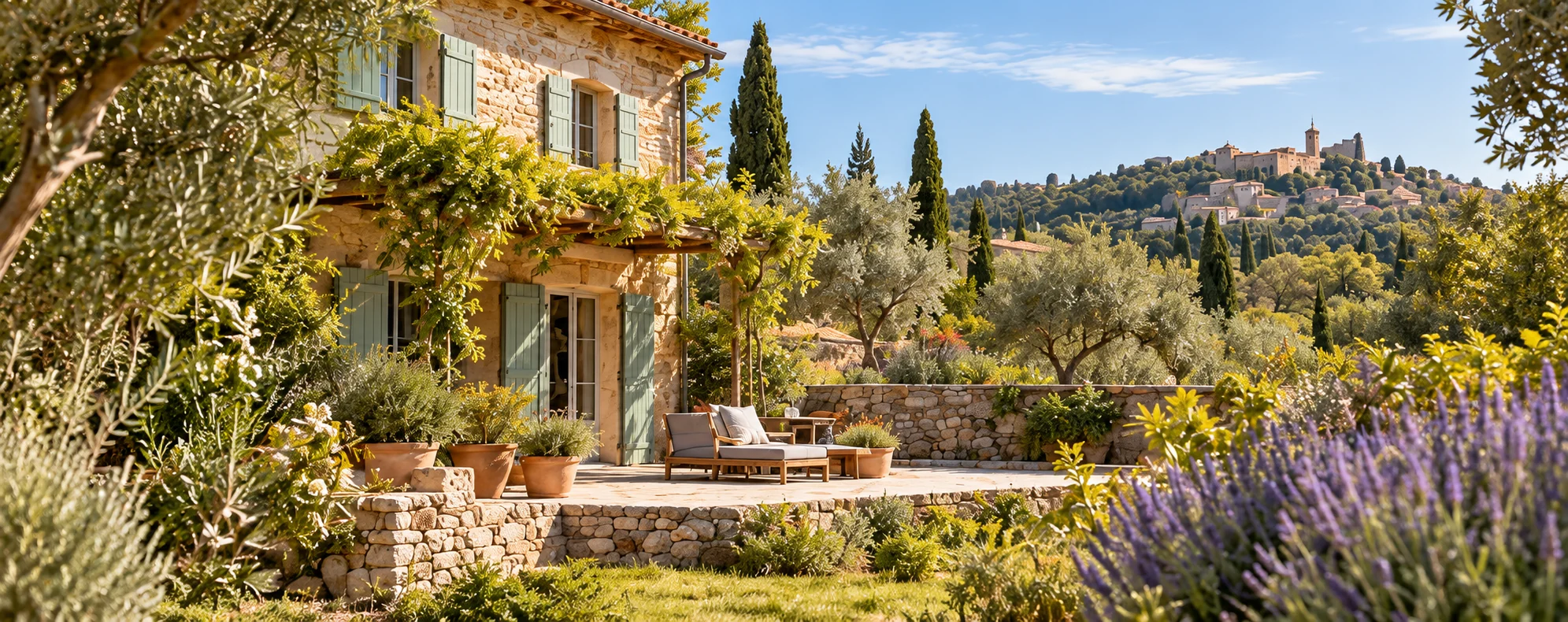 Maison en pierre, jardin et village en Occitanie