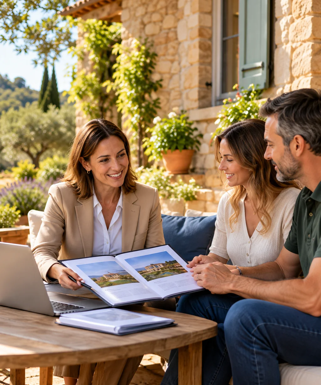 Une professionnelle de l’immobilier échange avec un couple autour d’un dossier de bien